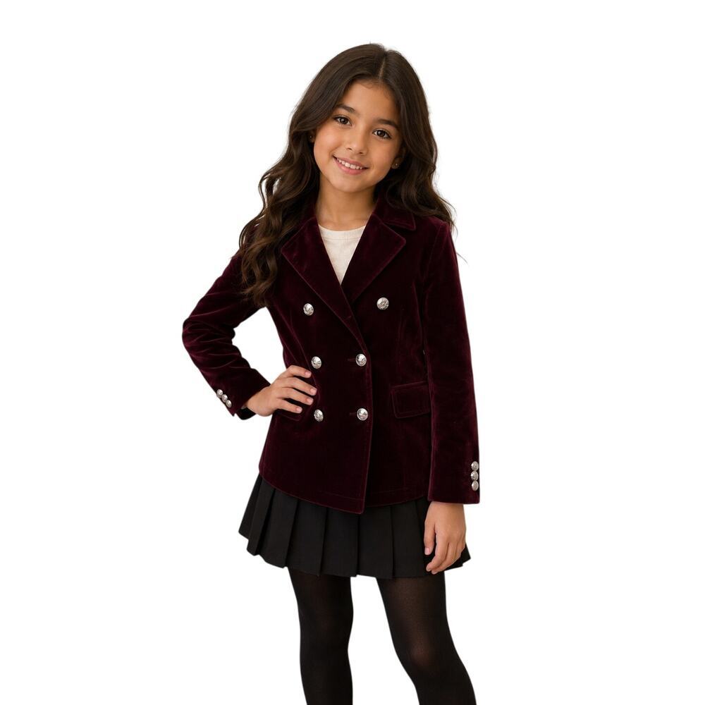 DAKS Little Kids Velvet Blazer Jacket Burgundy Double Breasted Size 130 Luxury